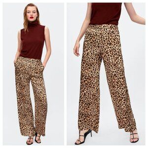 Zara Leopard Print Straight Leg High Waist Trouser Pants
